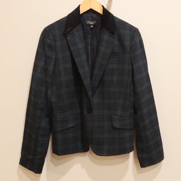 TALBOTS plaid blazer green blue velvet 10 preppy academia lapel old money class - Picture 1 of 11